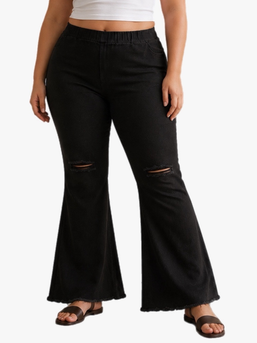 Women’s Plus Size 3X Black Distressed Raw Hem Pull On Stretch Waist Jeans